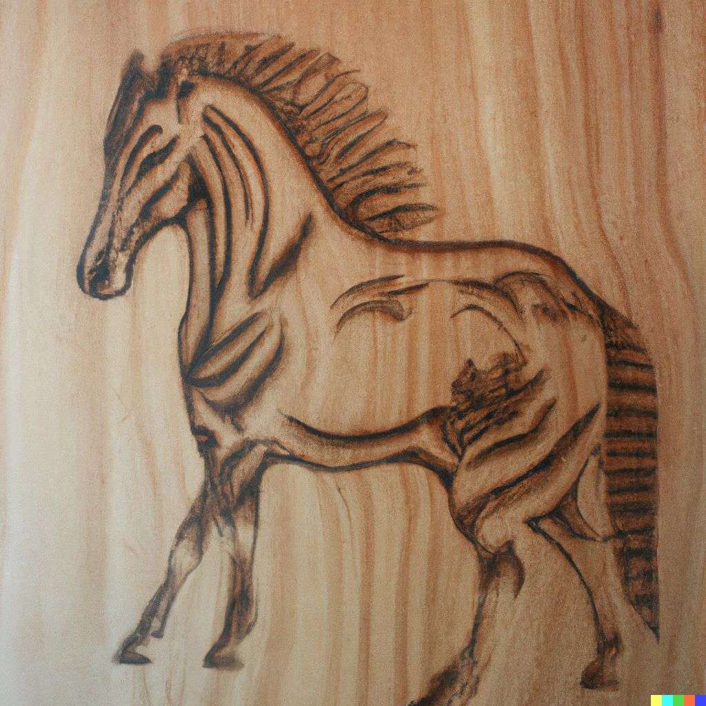 a horse, pyrography on a piece of wood